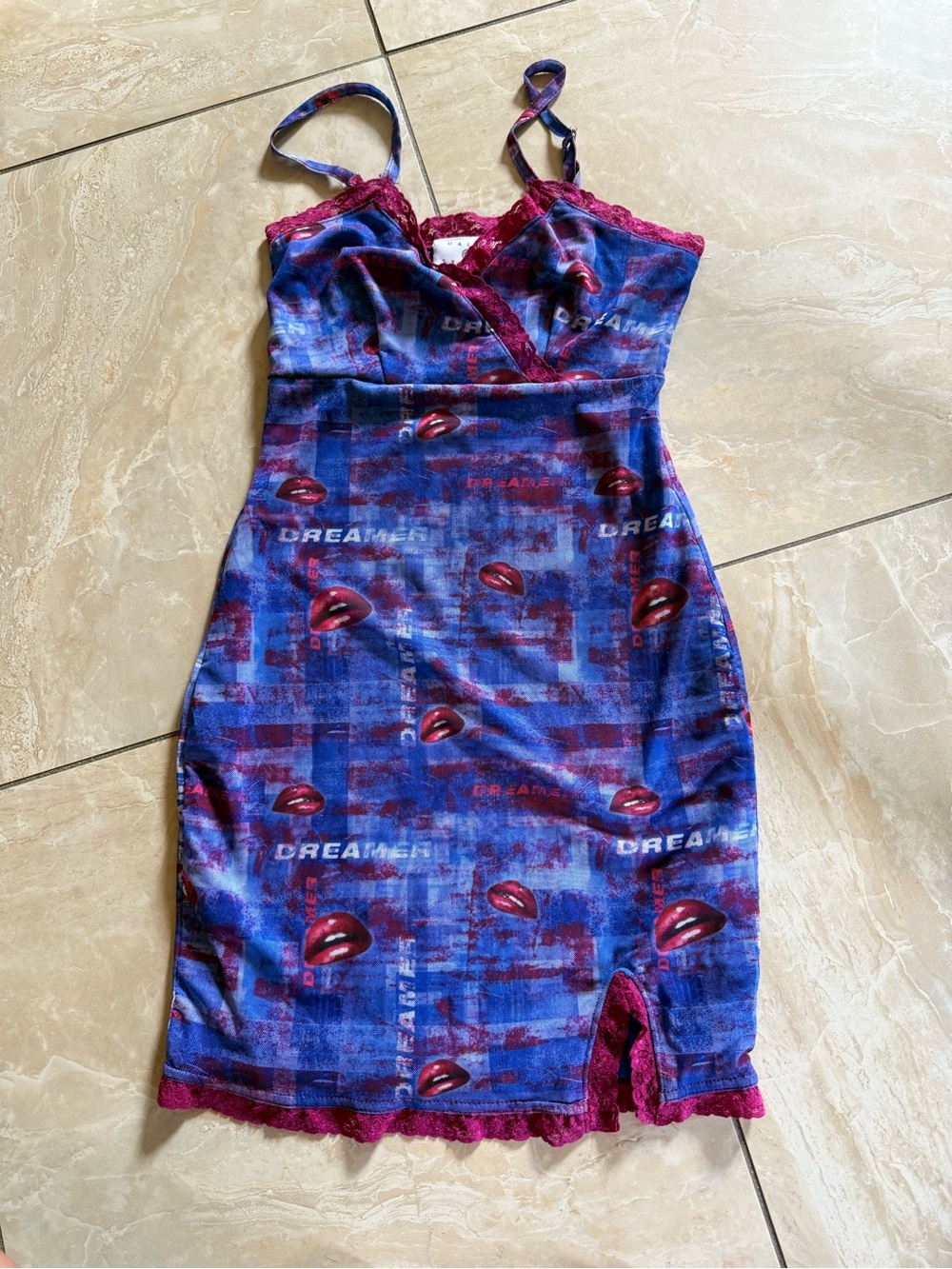 ASOS Blue and Burgundy Graphic Slip Mini Dress